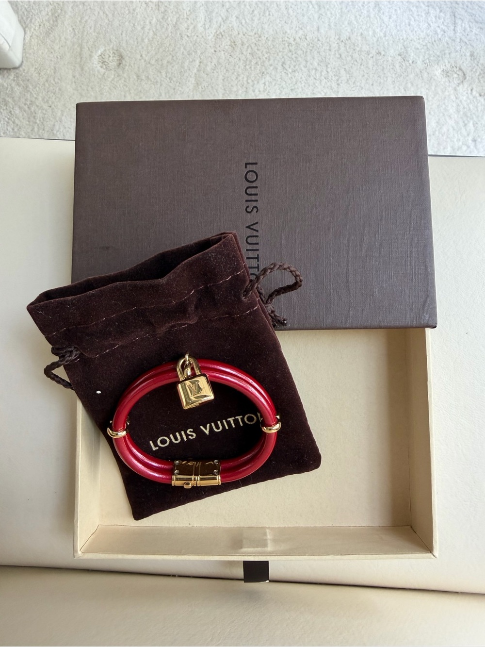 Louis Vuitton Red Double-Wrap Bracelet with Gold Padlock Authentic